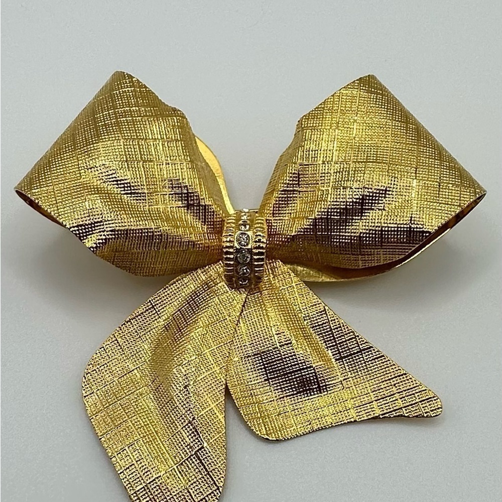 Vintage Tona Statement Brooch Pin Gold Tone Satin Finish Bow Rhinestone 2.5" 277